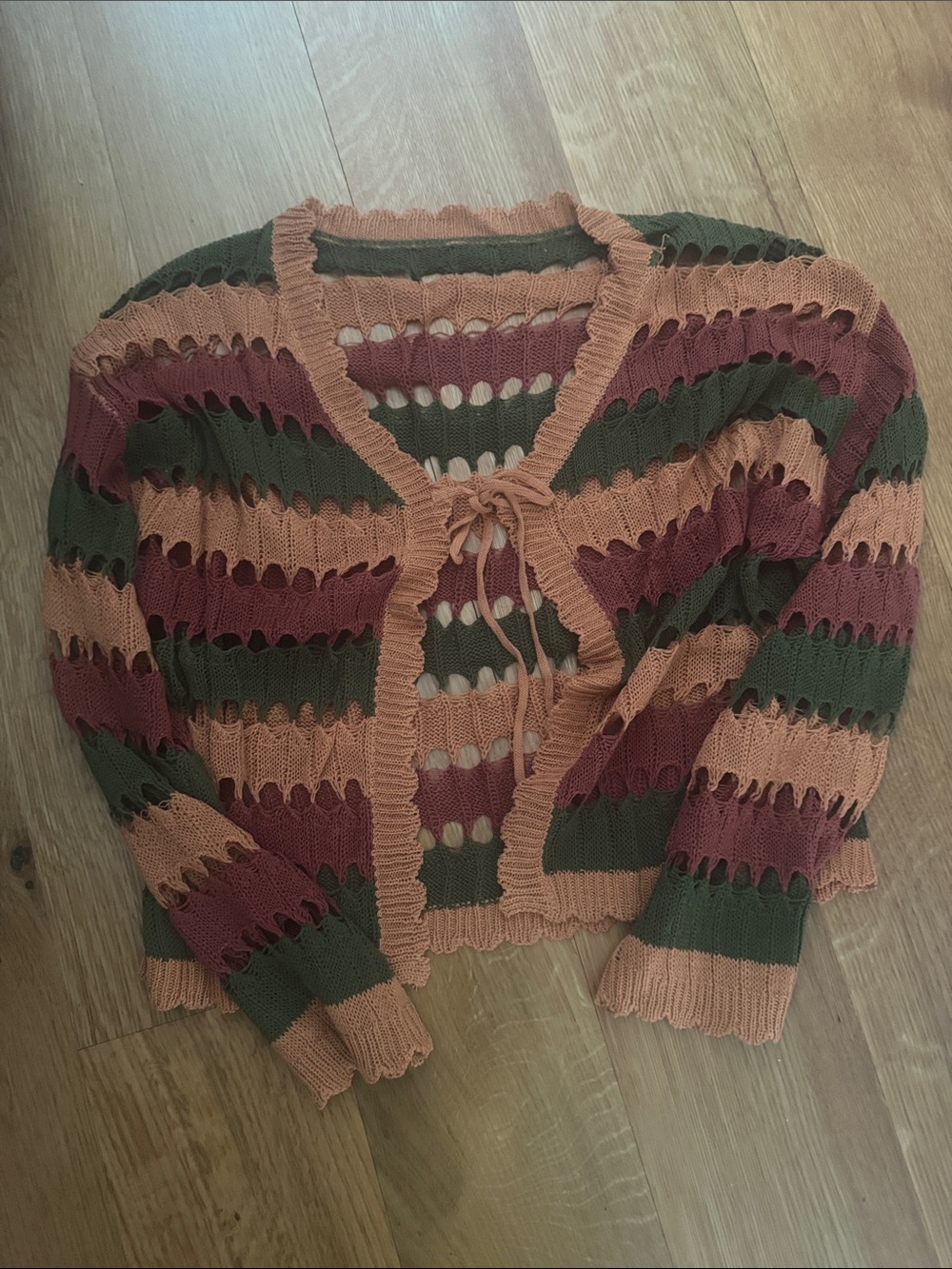 Striped Open-Knit Tie-Front Sweater Cardigan - Rust, Olive, Burgundy
